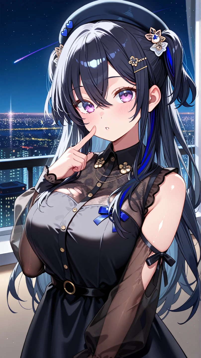 One Girl, (Ultra_detailed), (Depth of written boundary), Love , gloves, Mouth closed, Long Hair, star (symbol), View your viewers, (Rainbow Hair ), Purple eyes, Upper Body, hair ornaments, :p, Frills, Maid dress, smile, No sleeve, Maid, symbol pupils, fringe, star pupils, Maid caffe, Roaring years, isometric, From above, null, flower, cliff, Mid-chest, (Folded), (With low-cut top), Maid, city, Tokyo、Long black hair、Big Breasts