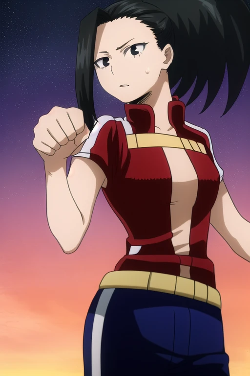 score_9, score_8_up, score_7_up, source_anime, yaoyorozumomo, yaoyorozu momo, long hair, bangs, black hair, ponytail, black eyes, high ponytail, wide ponytail, shouting, fighting stance, navel, cleavage, bare shoulders, belt, leotard, bare arms, center opening, red leotard, beltskirt, outdoors, cityscape, looking at viewer, upper body, huge breasts,S2Z0n1c21.5XL style, solo, girl, Big Breasts, Spread legs wide, Large quantity semen overflowing from the vagina, ((Open your pussy with the fingers of both hands)), NSFW, no mosaic, (((Girl trembling with sexual climax))), Large breasts, Erect nipples, Pink heart shaped eyes, Spread pussy, crotch grab, uterus, urethra, nsfw,