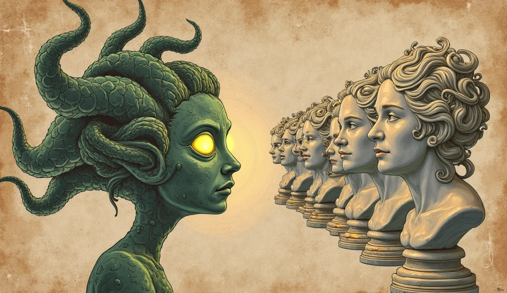 line drawing, showcasing medusa crown of snakes, snake crown, Stone Subjects: Statues of warriors turned to stone by Medusa’s gaze, bowing before her. expressive cross hatch animated 90s style ink figures, unfinished sketch,
