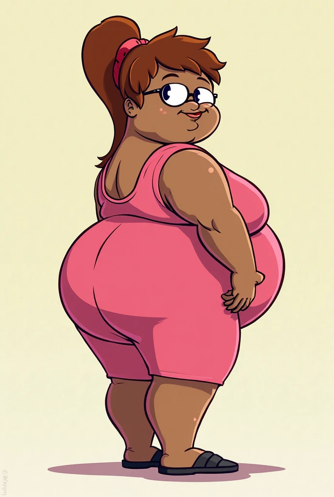 <lora:Large Dealer:0.7>  2d cartoon, anatomically correct, masterpiece, best high quality, ultra details, realistic, RAW Photo, perfect anatomy, 4k, 8k, quality lighting, detailed hands, detailed eyes, obese woman, Large Dealer, orange sleeveless top, dark red pants, brown hair,  light brown skin, (black eyes), wide hips, huge boobs, fat ass, heavy sweat <lora:BGV5EX:1> <lora:add_detail:1>