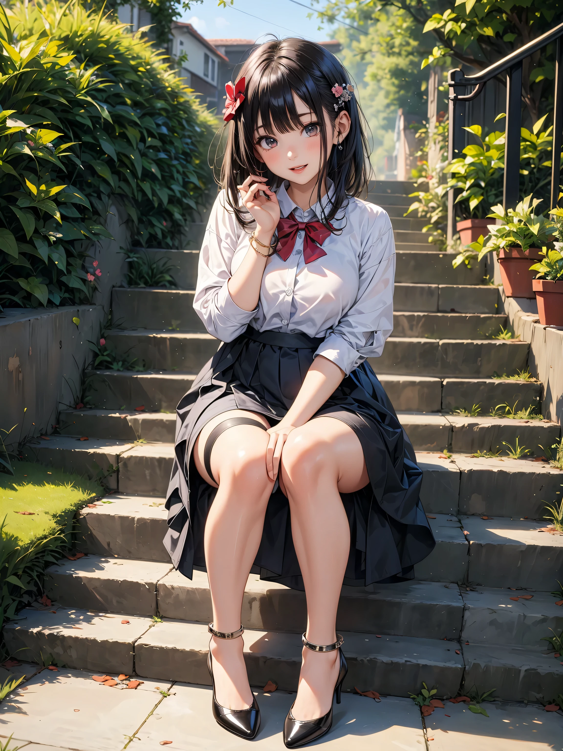masterpiece, highest quality, One Girl, Thighs, beautiful girl, Flowers, たくさんの小さなflowerびら, flower、Small waist, RAWphotograph,Bright lighting、Face Light, Ultra-realistic, High resolution, photograph, Sharp focus, Highly detailed eyes and face,Symmetrical face, whole body、Large Breasts、Long Hair、チラリと見えるThighs、Emphasized cleavage、Her hair was tied with a big red ribbon.、White high heels、White short sleeve shirt、Brown's Best、White flared mini skirt、Going down the transparent slope