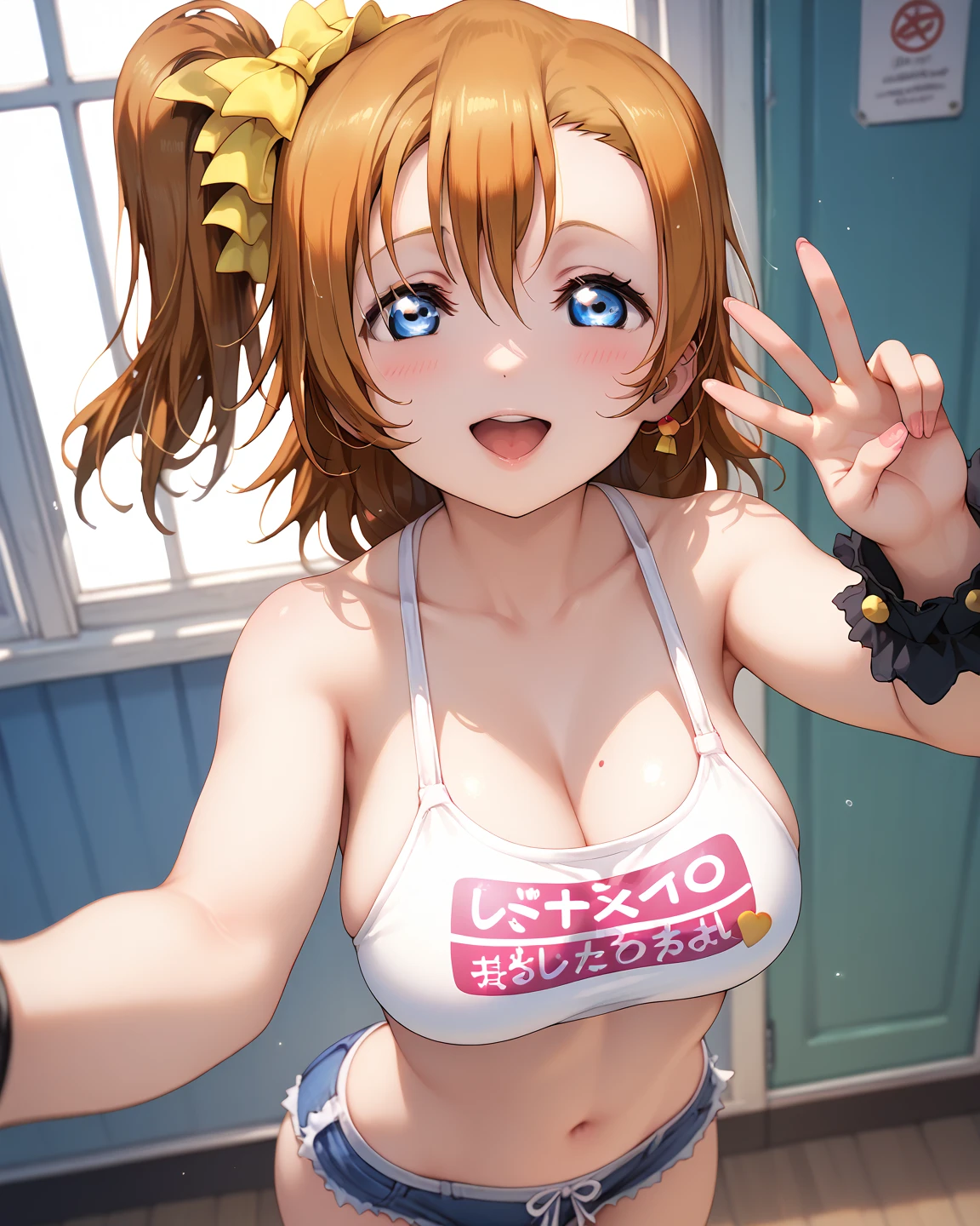 1 woman, alone, 8K, masterpiece, (The shirt will be tight around the chest...............:1.5), Masterpiece, 8ก, (big breasts:1.5), Cute face, smile a little, look at the audience., (hairy:1.8), (nipple:1.6), , blue panties, Show some shirts.. ,