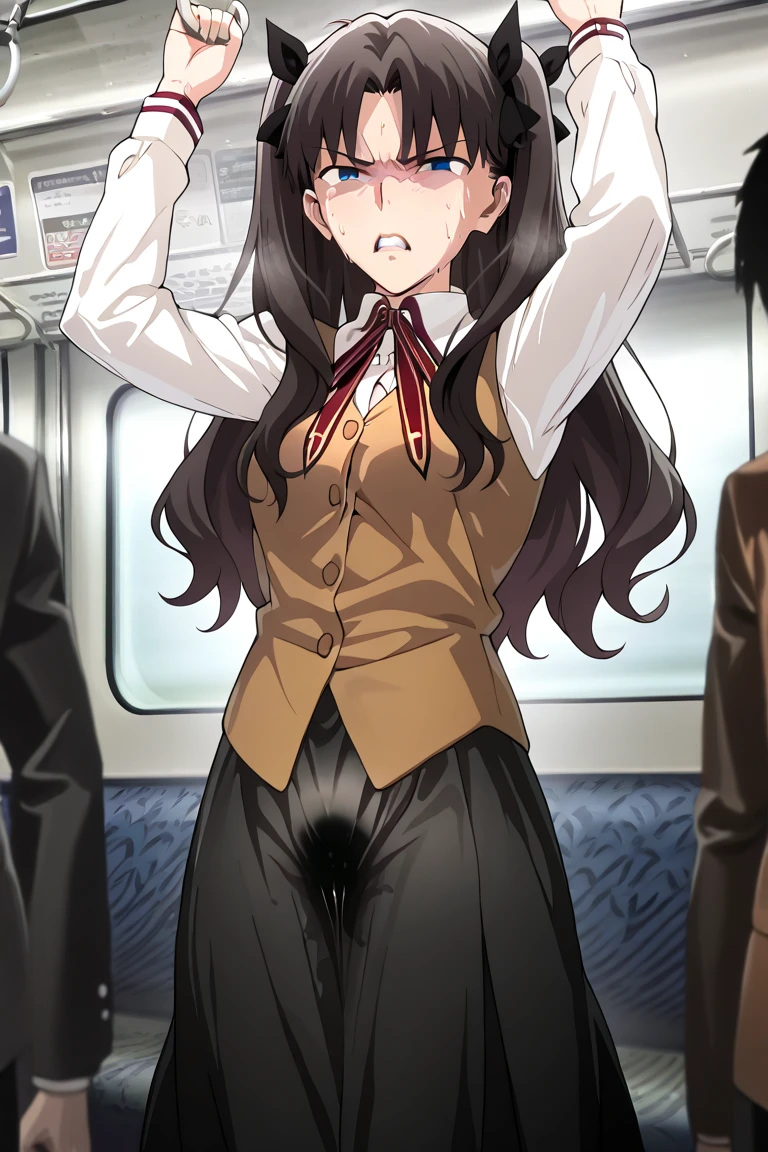 Highest quality,shirase sakuya,Multiple penises,Roll up your sleeves,Slender and sexy woman,penis ,Black thigh-high boots,Beige jean shorts,in the train,Multiple men,,Place your hands behind your back,Sex,Creampie,A lot of semen,profile,ponytail,Cum on thighs,