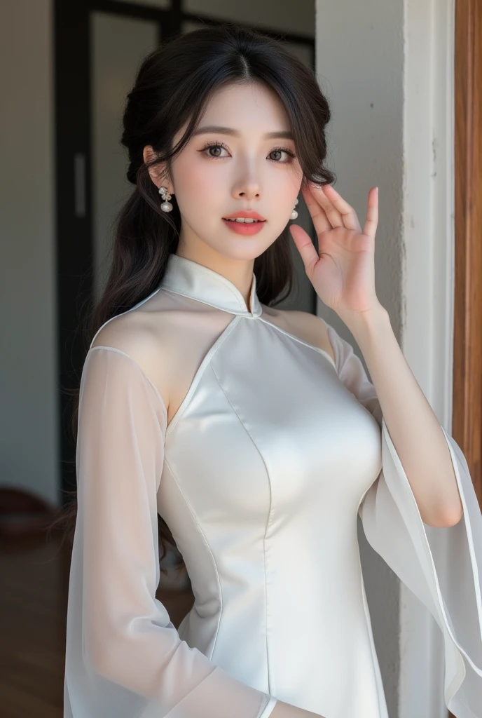 1人の女性、Korea person、Korea person beauty、Ao Dai、白のAo Dai、intricate detailes、hightquality、(High class:1.4)、Philippine school background、super realistic 8K、face perfect、Perfect、clean、masterpiece、Professional artwork、famousartwork、face perfect、Beautiful expression、beautidful eyes、short dark hair、very Bigger breasts、model poses、Ultra-realistic 4K、Top image quality、Fully exposed 、No pants