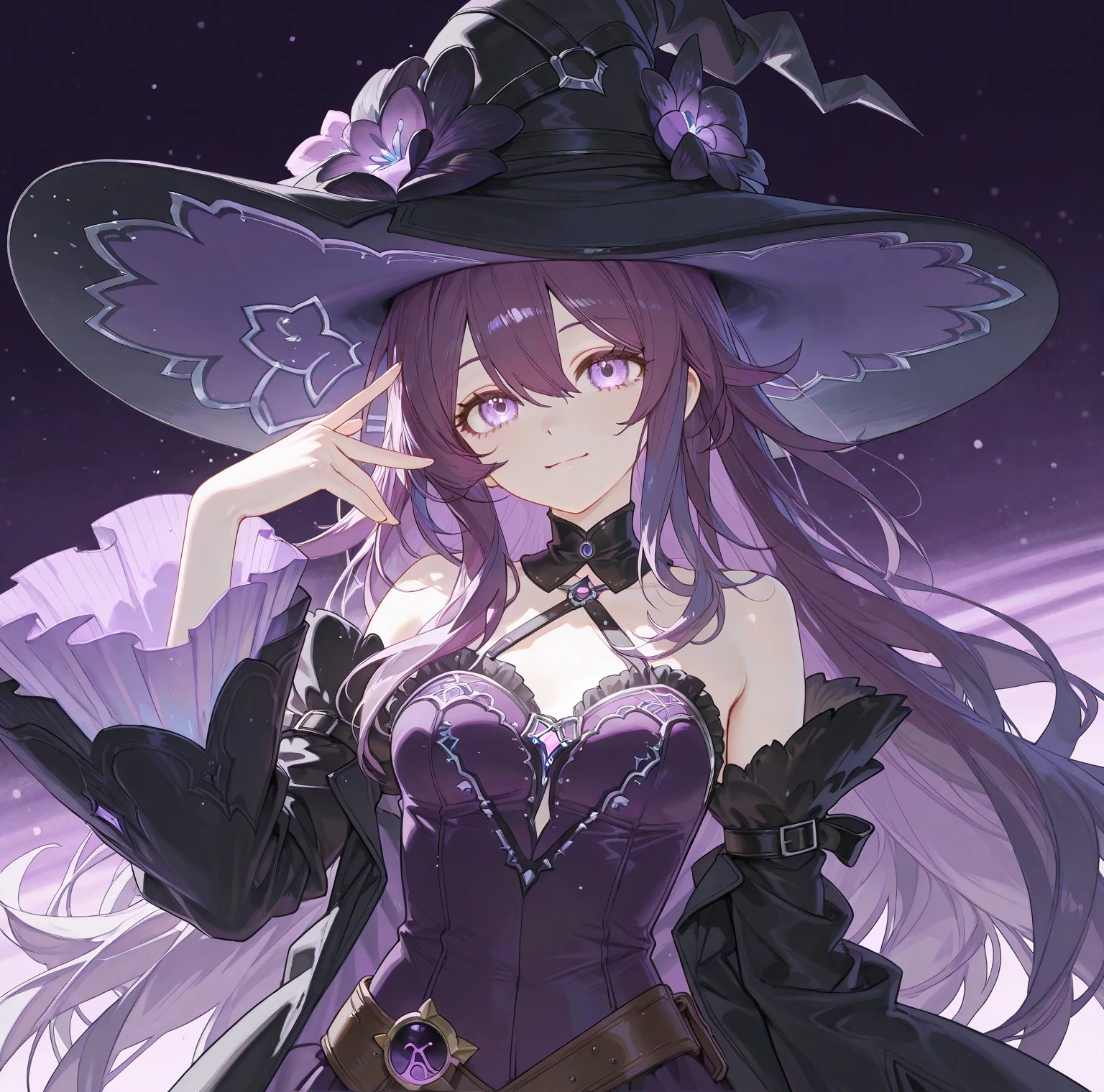 Witchi resembles a witch. She has light cream skin, dark blue eyes with little white stars, and pink cheeks. She wears a purple dress with fluffy white trim around the collar, and a brighter purple layer underneath. She also wears a purple witch's hat. SPARKLE; GLITTER