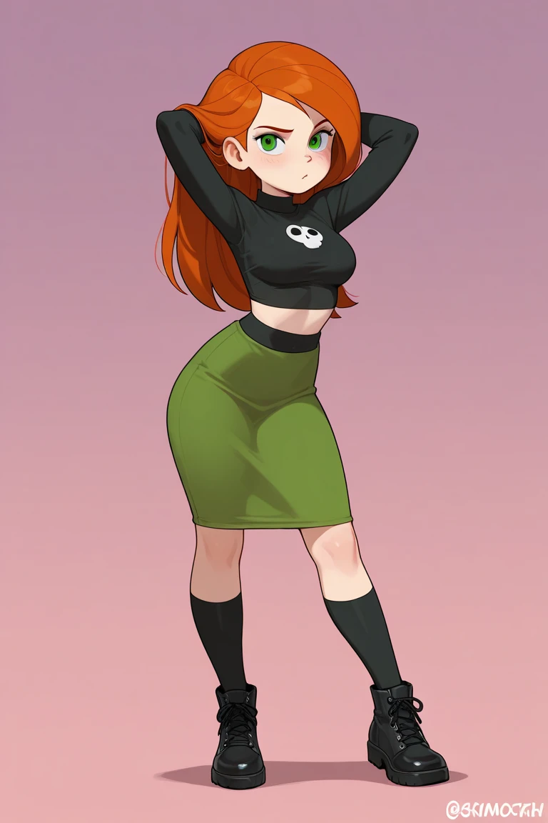  wide hips, thighs, Vicky, ponytail, lipstick, midriff, 1girl, green crop top, pink eyes, black pants, orange hair ,solo girl, sitting, open legs high heels