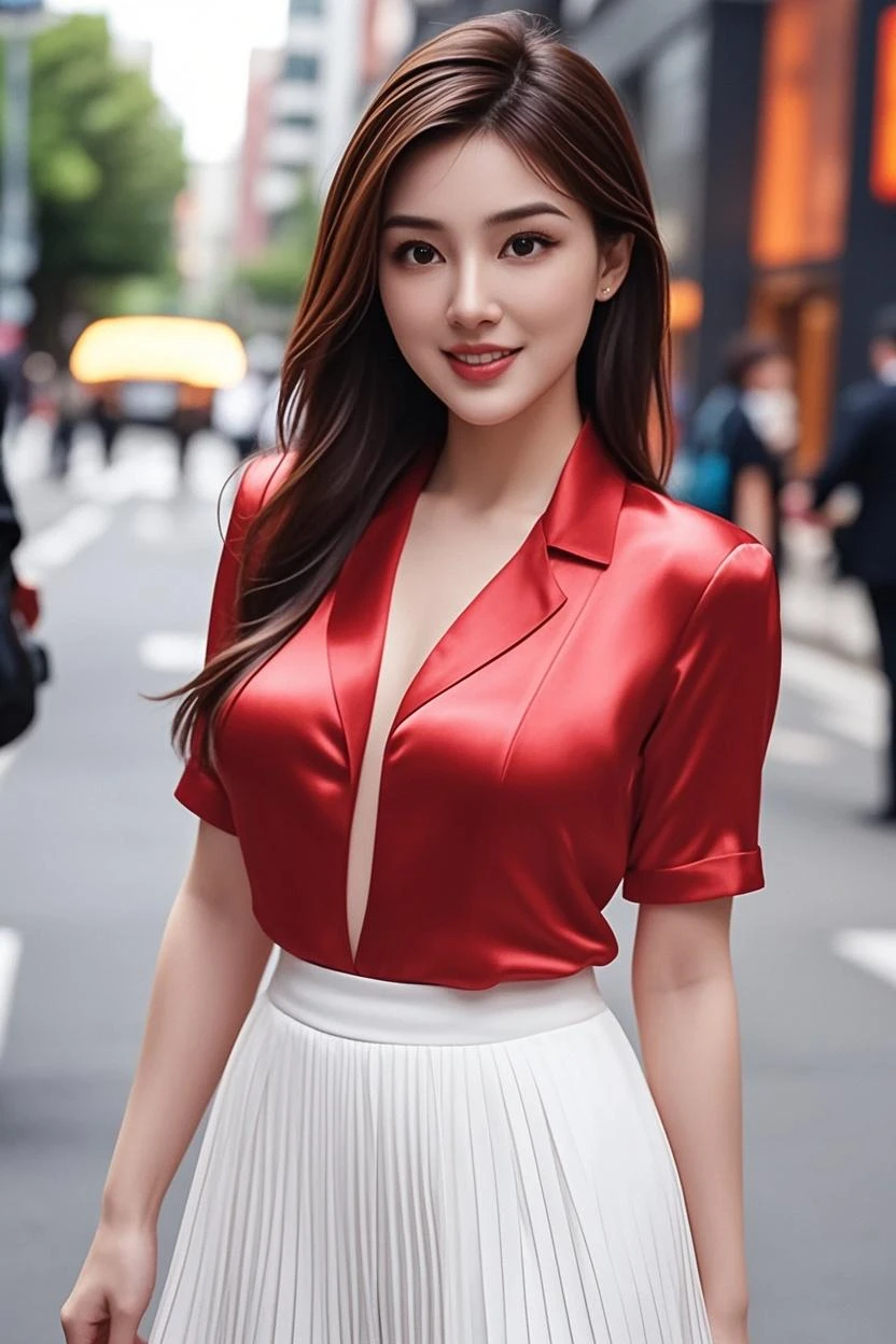 Ultra HD resolution,artistic photos, Professional Photography, ((21 year very sexy super model, long brunette hair, big breasts:1.2, wearing black silk blouse and red skirt)) cold white ultra realistic skin, ((posing like super-model, walking on street beside river Siene in Paris, outlining her beautiful figure, in shower at house, smiling at viewer, natural red lips, attention to detail))