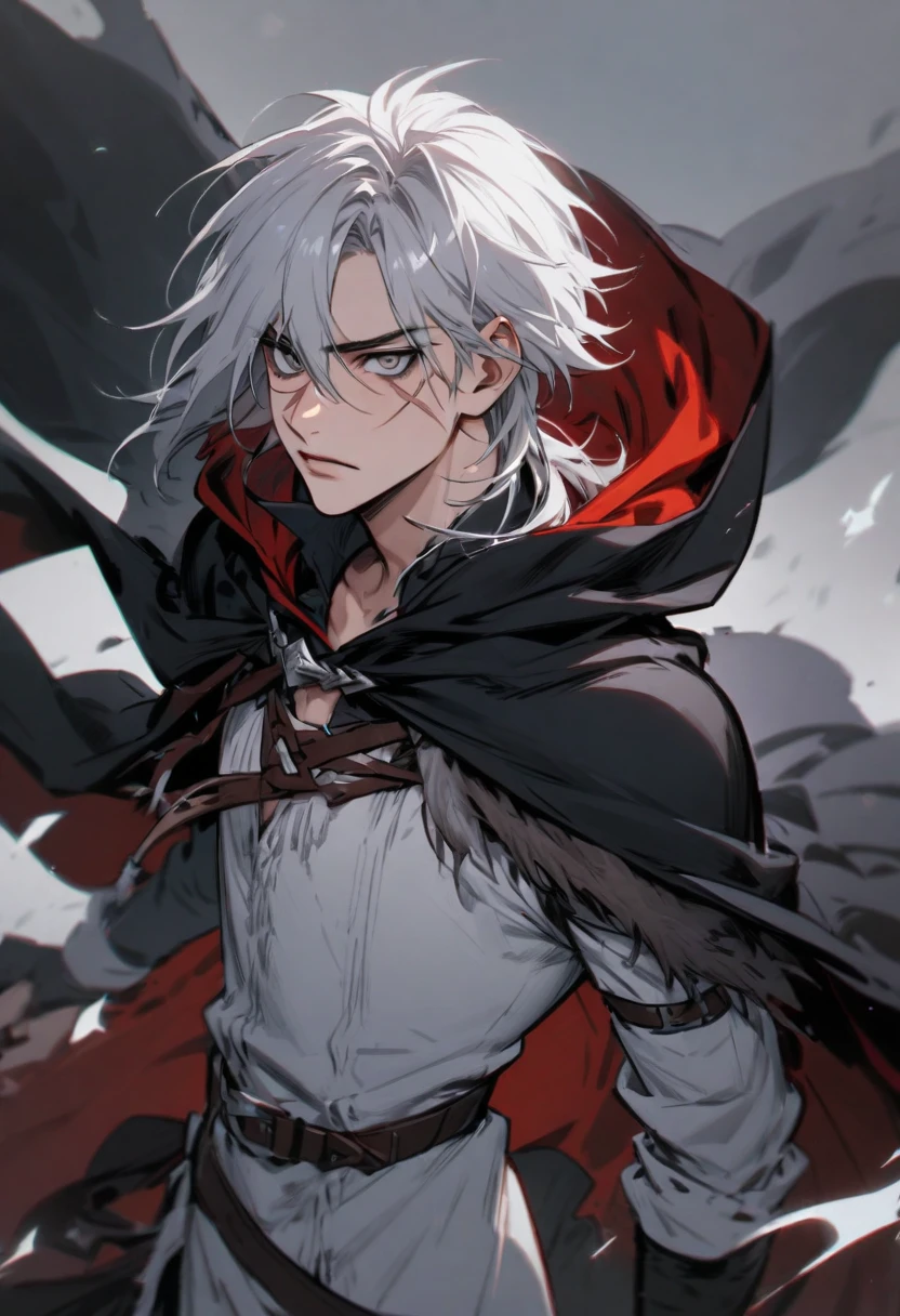 Anime character, a man, medieval era. Young man, 20 years old, large body, cold gaze, cold expression, white skin, short messy gray hair, ponytail, left eye patch, black clothes, black shirt, dark cape with hood, chains. frontal camera. Walking in a sea of blood. Three moons shining high in the sky, purple, red and blue. White electricity emanating from his body, black electricity emanating from his left hand. Right eye shining in a white ray. Thunderous white lightning. (best quality, 4k, 8k, high resolution, masterpiece: 1.2), vibrant, ultra-detailed colors, chiaroscuro lighting, dramatic pose, intricate details, fantasy, mystical, powerful