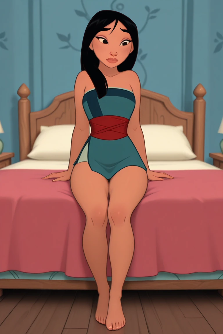 masterpiece, best quality, 1girl, pocahontas, dark skin, black hair, long hair, (floating hair:0.5), black eyes, nude, full body, lying on bed, nipples, breasts, pussy, looking at viewer, night, bedroom background <lora:Pocahontas:0.9>