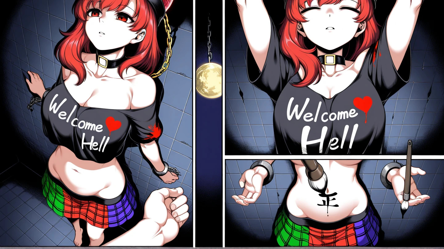 masterpiece, best quality, Modeus \(helltaker\), horns, red hair, demon girl, 1girl, full body, secretary outfit, black skirt, pantyhose, white shirt, heels, demon horns, gigantic breasts, pink eyes, long hair, black horns, hair over one eye, piercing, jewelry, tail, demon tail, choker, lip piercing, necklace, gigantic breasts,