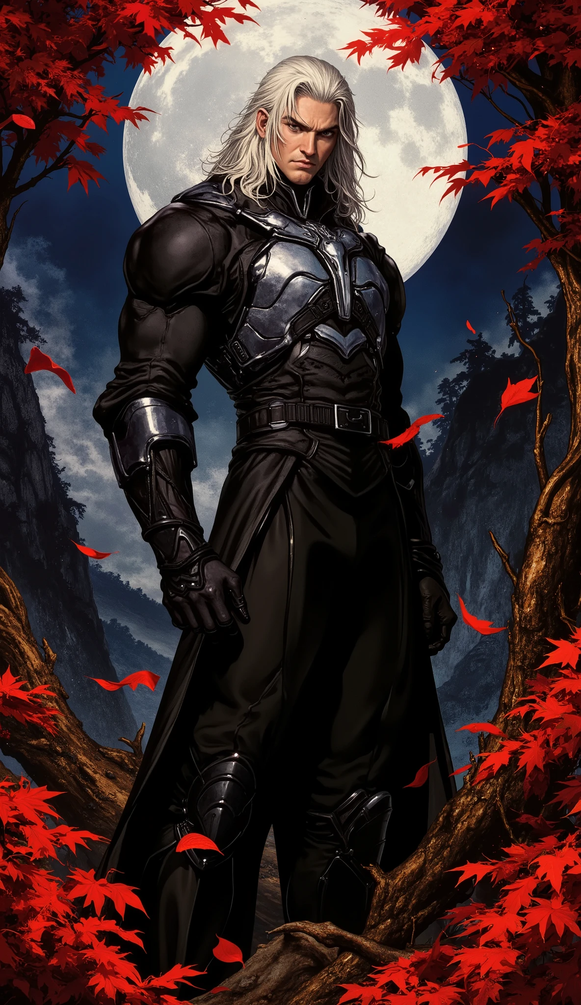 A full-body professional character portrait of a tall, middle-aged male fantasy assassin. He has long, neatly combed platinum blonde hair, a chiseled square face, piercing eyes, and a stern, serious expression. He wears an intricate black form-fitting suit, complemented by a silver-white metallic chest plate, vambraces, and greaves with a hybrid sci-fi and fantasy aesthetic. He stands confidently in a dark, moonlit mountain forest at night, with a cascade of vibrant red leaves falling around him. Exquisite mature character illustration, dramatic baroque chiaroscuro lighting, hyper-detailed, flawless anatomy, perfect hands with five fingers, dynamic composition, a blend of academic art and dark fantasy concept art, trending on Artstation.