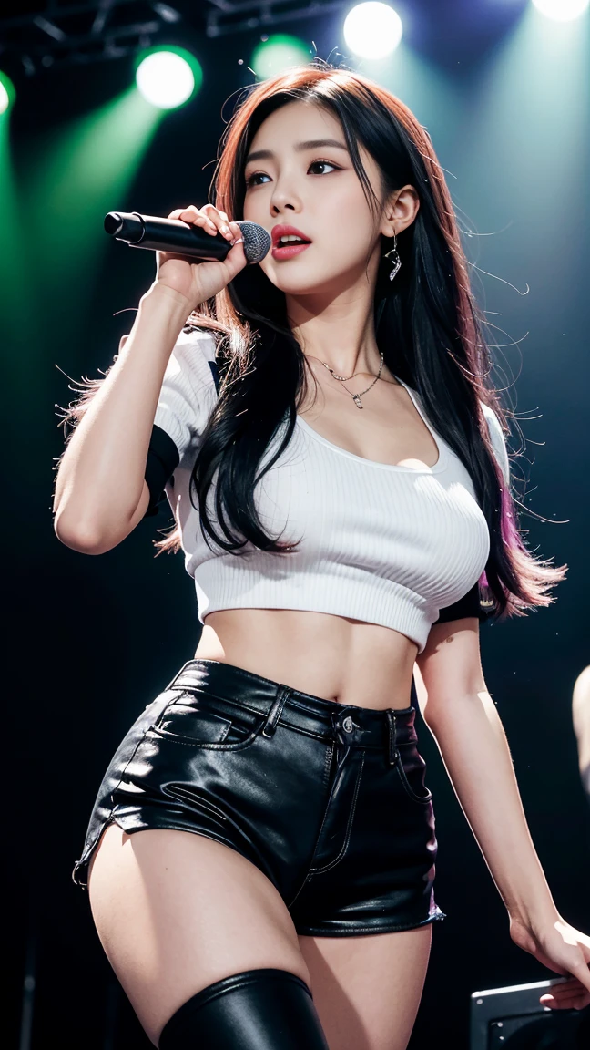Highest quality, masterpiece, Tifa Lockhart,Long black hair,White vest,Black harness,fist,One girl,Sop,Open_moutsideh,microphone,tongue,tongue_outside