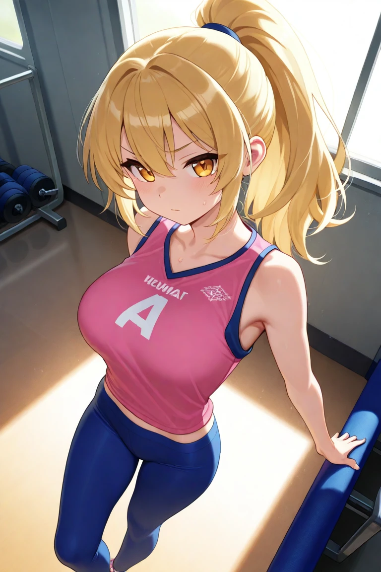 (Best Quality, masterpiece1.2), absurderes, Photorealistic, (Detailed eye:1.2), intricate detailes, 1girl in, (muscular:0.7), Blonde, Ponytail, Smile, Happy, (Sweat:1.2), croptop, steaming body, gym, weightlifting, (Barbell), Squatting, Looking at Viewer, Shiny skin