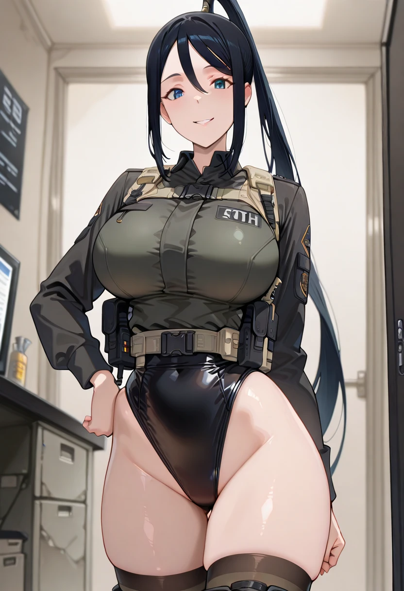 Highest quality, 1girl, solo, brown hair, long hair, brown eyes, gigantic breasts, thick thighs, black techwear, standing, respirators, tubes