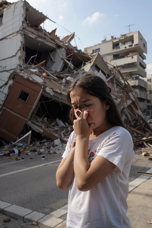 a father hugging his little 10 year old daughter, during an earthquake, buildings falling in the background, Shocking image, dust