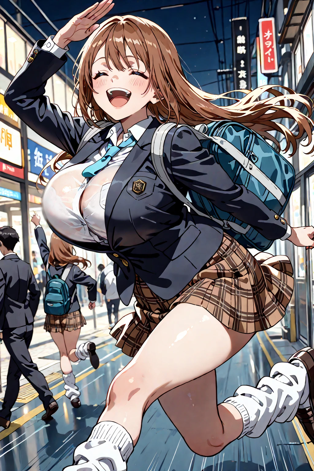 (throw_hand, pink vibrator remote switch in throw_hand, throw:1.2), Highest quality, Very detailed, masterpiece, Ultra-high resolution, 8k, Ridiculous, Cowboy Shooting, Blurred, One Girl, Embarrassing, blush, Lovely、Pull up your skirt、Open your mouth, What saliva leaves behind, Wet skirt hem, Not wearing pants, Bulging of the vibrator cord, Vibrator with Garters, Subway car interior background, In a crowded group of women,Squirting、Ahegao、Ecstasy face Fujita Kotone,brown eyes, blonde hair,twin braids,hair ornament,(white hairclip:0.8), multicolored hoodie,sleeves past wrists,Orange shirt,pleated skirt,plaid skirt,white socks, sneakers