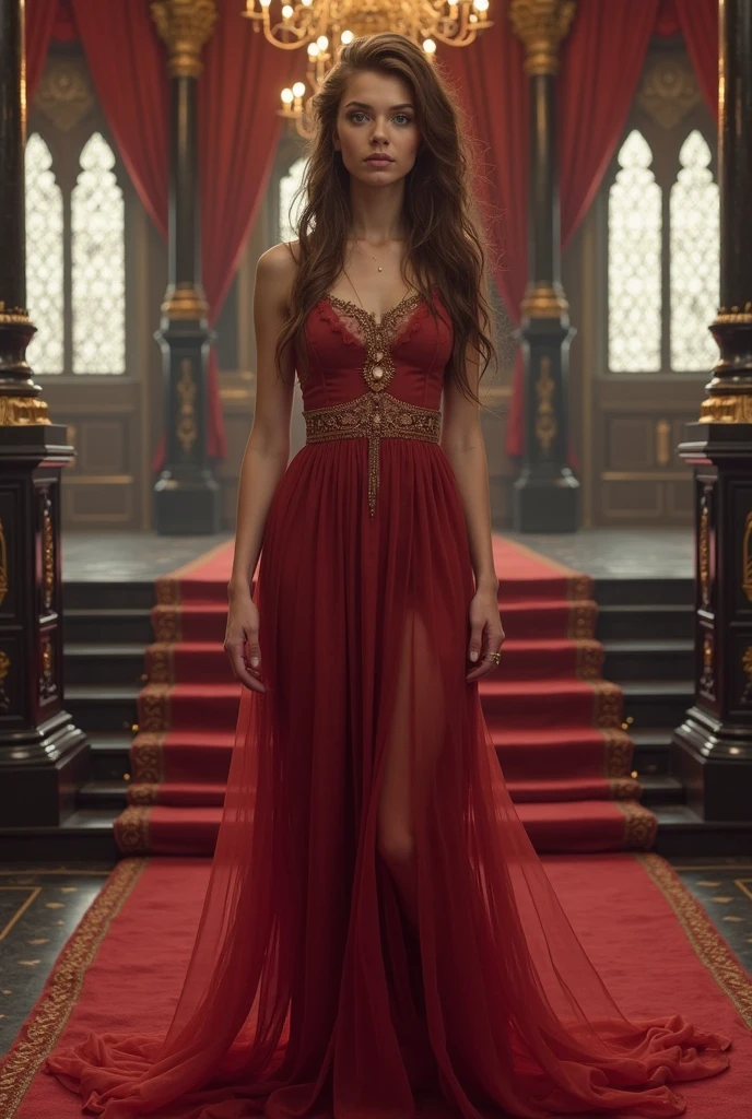 In a dimly lit, opulent chamber within the dark fantasy palace, Lady Seraphina, clad in a revealing, sexually attractive nightgown in red velvet color that accentuates her seductive and commanding presence