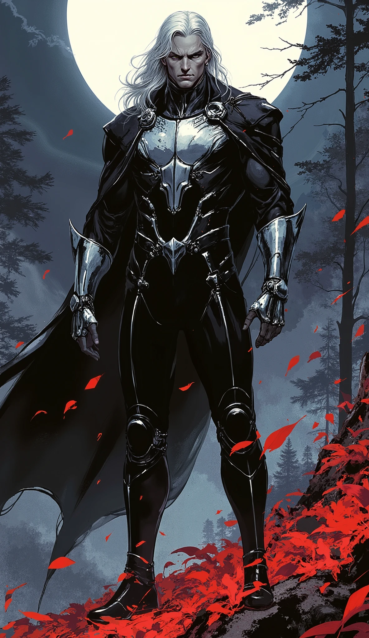 A full-body professional character portrait of a tall, middle-aged male fantasy assassin. He has long, neatly combed platinum blonde hair, a chiseled square face, piercing eyes, and a stern, serious expression. He wears an intricate black form-fitting suit, complemented by a silver-white metallic chest plate, vambraces, and greaves with a hybrid sci-fi and fantasy aesthetic. He stands confidently in a dark, moonlit mountain forest at night, with a cascade of vibrant red leaves falling around him. Exquisite mature character illustration, dramatic baroque chiaroscuro lighting, hyper-detailed, flawless anatomy, perfect hands with five fingers, dynamic composition, a blend of academic art and dark fantasy concept art, trending on Artstation.
