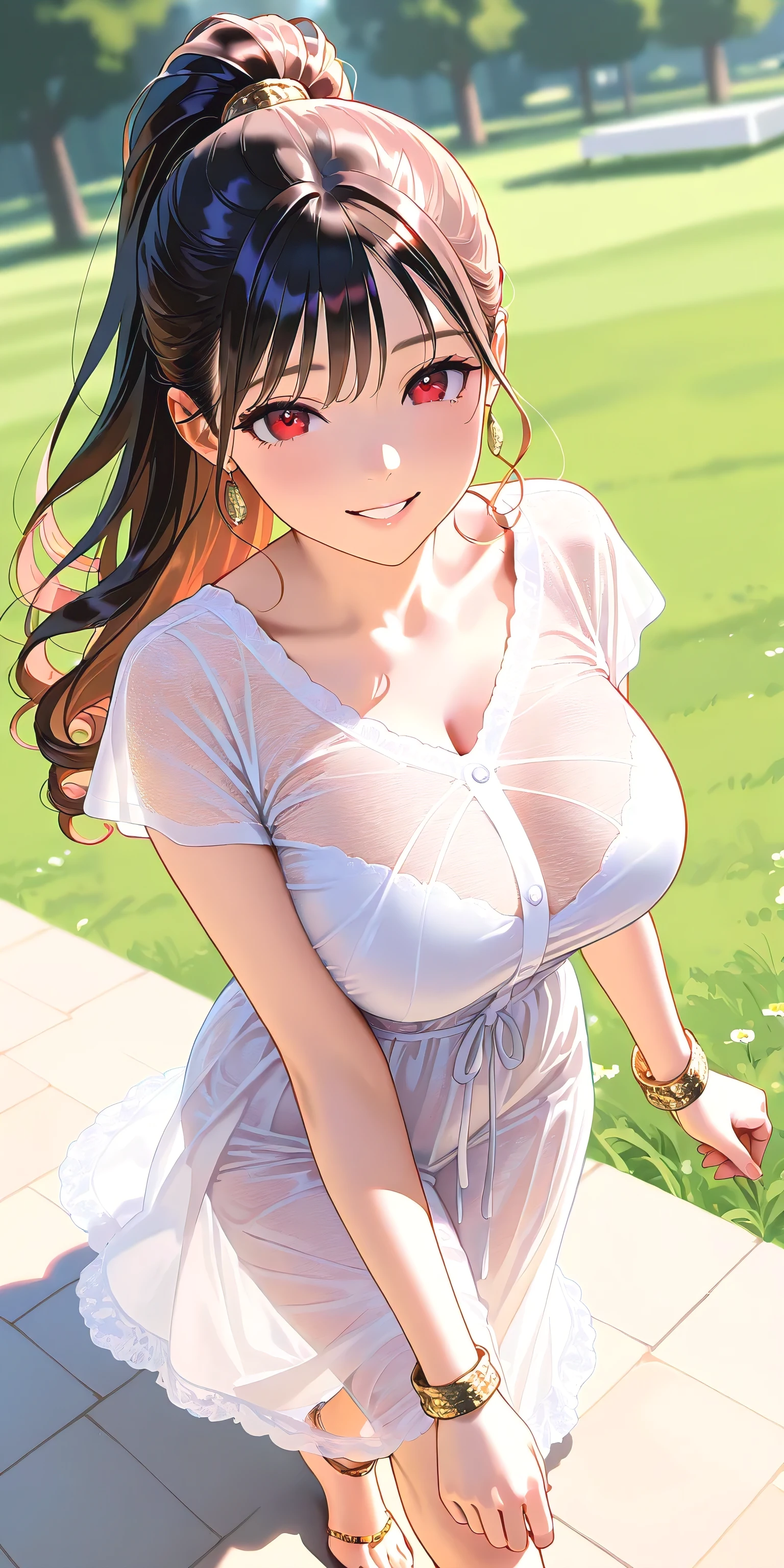 (masterpiece:1.2), (best quality), (ultra detailed), (8k, 4k, intricate), (upper body), (cowboy shot), (highly detailed:1.2),(detailed face:1.2), (detailed background),detailed landscape, (dynamic pose:1.2),  fuumasaika, 1girl, solo, long hair, breasts, gigantic breasts, nagatiti, looking at viewer, smile, skirt, large breasts, brown hair, shirt, red eyes, cleavage, bare shoulders, jewelry, very long hair, collarbone, white shirt, outdoors, necklace, off shoulder, hair over one eye, bracelet, petals, cherry blossoms
