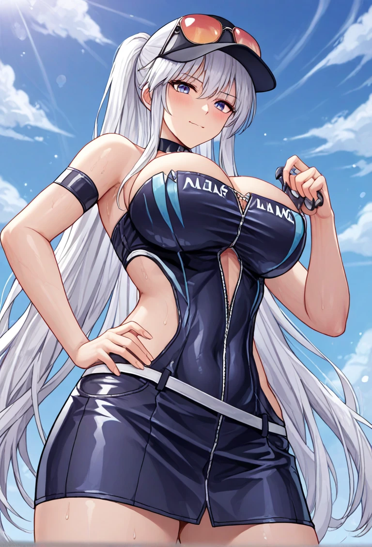 1girl, dark skin, dark-skinned female, red eyes, white hair, long hair, large breasts, thick thighs, underboob, hourglass figure, mature female, thighhighs, police, police uniform, parted lips, bikini, highleg bikini, peace sign, v, gloves, neon trim, trimmed thighhighs