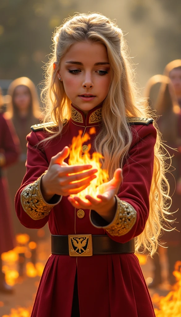 girl CHILD 10 years old, blonde straight hair very long, PORTRAIT STYLE, CLOSE UP, a fireball in hand, evil steampunk pyromancer woman, casting fire spell, she has fire powers, steampunk chandra fire queen, fire hair, sorceress casting a fireball, flame conjuration, casting a fire spell, fire spell, fire goddess, fire goddess, flaming hair, fire breath