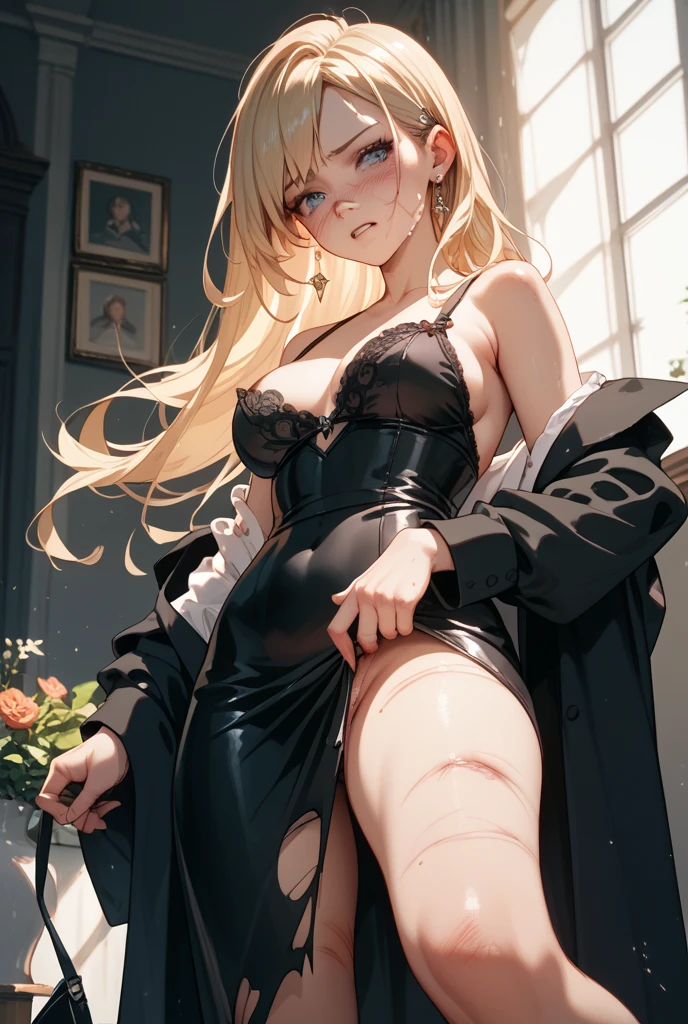 Beautiful 1girl, full body, 25 years old, solo, (very long waist length blonde hair, straight blonde hair: 1.28), ((light blue eyes)), clear skin, shibari, pale skin, medium breasts, on bed, cleavage, (thin hips, thin waist , athletic body: 1.25),  ((sitting on chair)), ((rope bondage)), ((arms behind back)), ((fully bound with thick rope)), (restrained tightly), ((helpless)), (wearing lingerie), inasterpiece, best quality,3d rending work ,3DMM style, close-up, portrait, 3D, bdsm