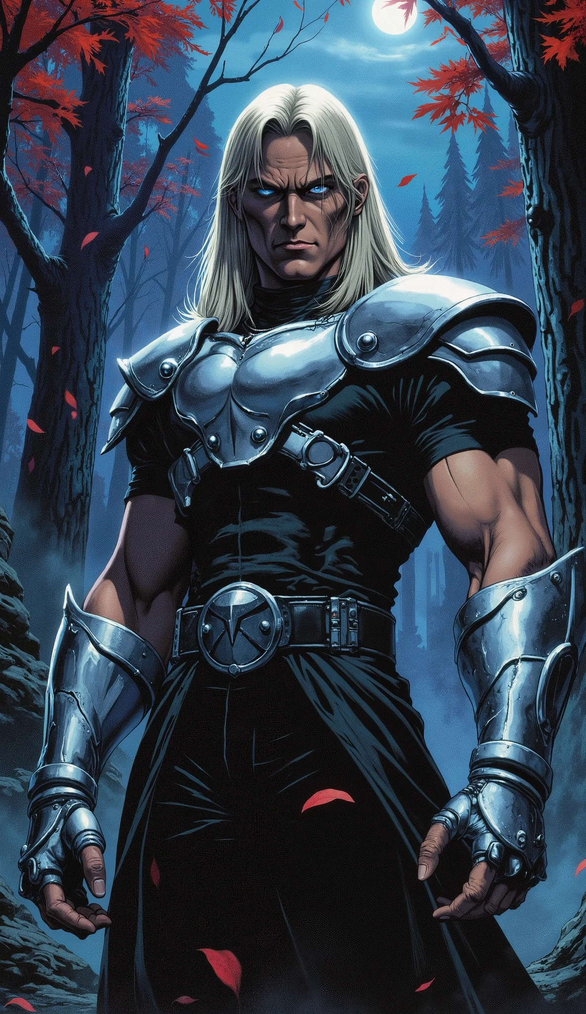 masterpiece, best quality, professional illustration, hyper-detailed, cinematic lighting, A tall middle-aged man as a fantasy assassin, standing resolutely in a mountain forest at night. He has a chiseled square face, piercing sharp eyes, a stern expression, and long, immaculately groomed platinum blonde hair. He is attired in a sleek black short-sleeved tight shirt and matching pants, complemented by a lustrous silver-white chest plate of a hybrid fantasy and sci-fi design. He wears matching intricate metal vambrace gauntlets and silver-white metal greaves over his boots. The air is alive with a cascade of falling red leaves, creating a dramatic, atmospheric scene. The art style is that of a sophisticated, mature character concept art, featuring perfect human anatomy, flawless hands with five fingers, rendered with dramatic chiaroscuro lighting and a touch of baroque elegance.