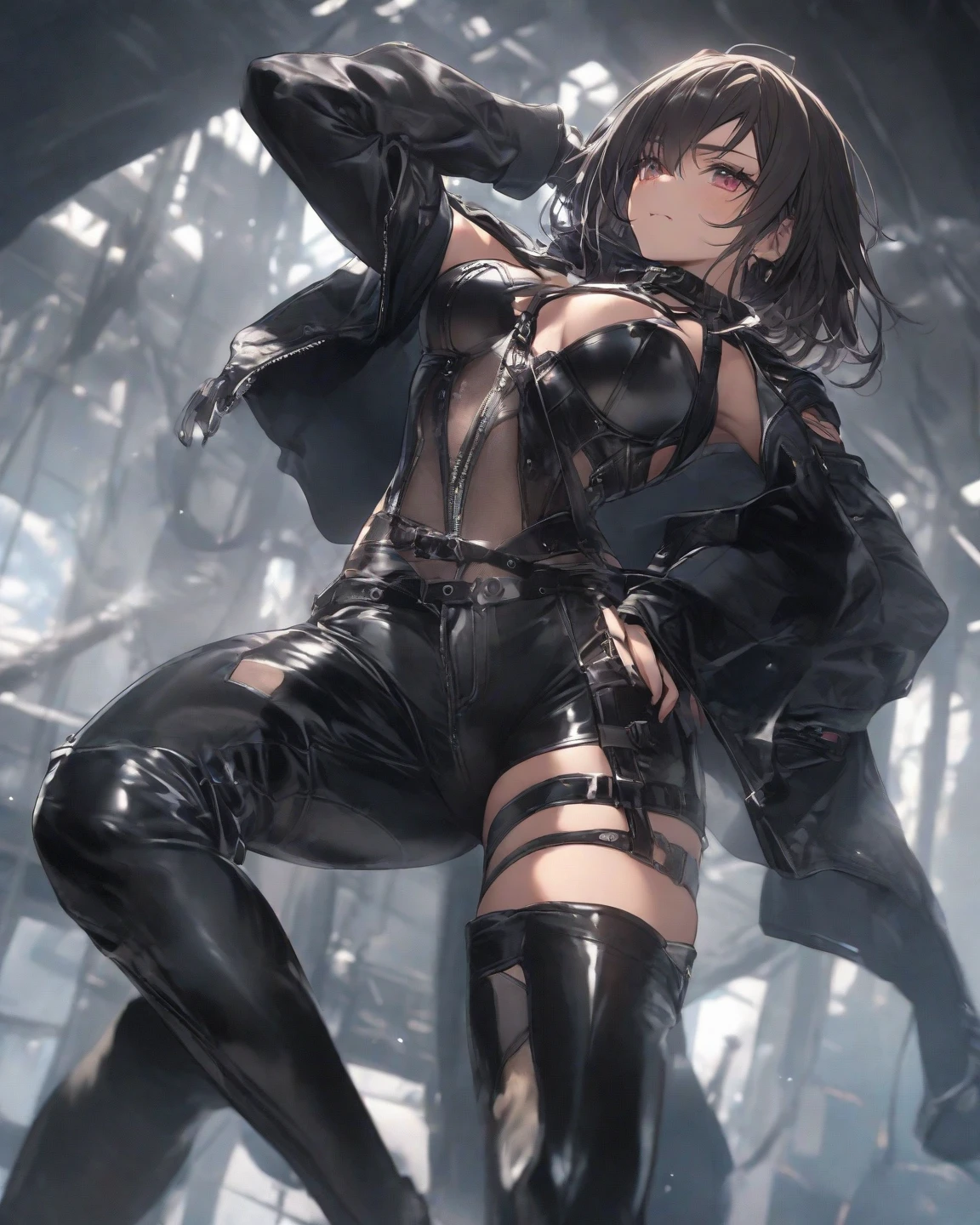 (Young woman) (short silver hair with bangs) (sunken yellow eyes) (unamused expression) (thick ) (skinny fit body) (laying back) (gothic white and black bikini with lace)