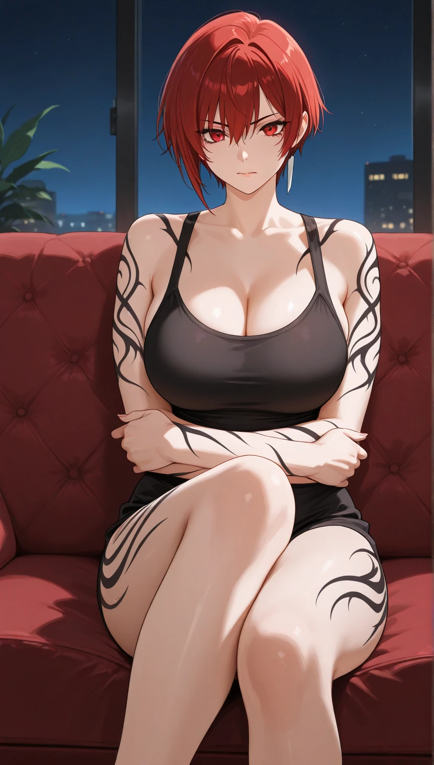 beautiful girl (Makima(chainsaw))Japanese-inspired model-like appearance): medium perky breasts, slender graceful body, long legs, elongated oval face, deep striking eyes, sitting on the floor with knees hugged by hands. (best quality, 4k, highres, masterpiece:1.2) , ultra-detailed, (realistic, photorealistic, photo-realistic:1.37), HDR, UHD, studio lighting, extreme detail description, professional, vivid colors, dramatic lighting