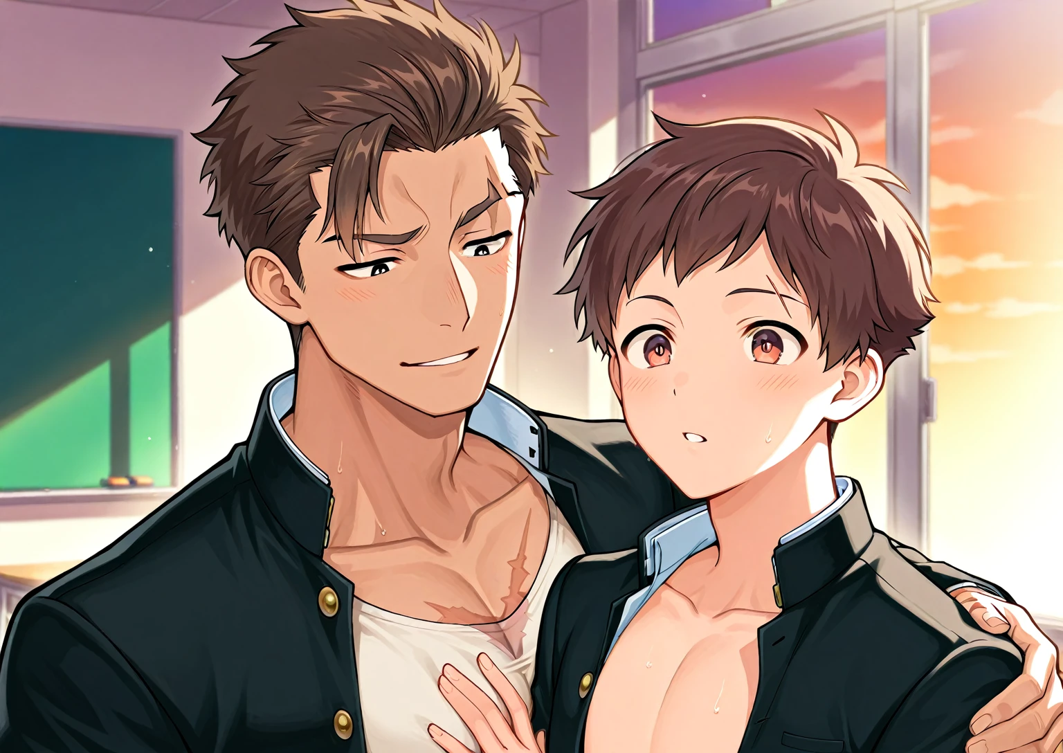 score_9, score_8_up, score_7_up, source_anime, 1boy, dominant white male, male, huge penis, enormous ligh skinned male penis, precum, smug, muscular light skinned male, sexy, nude, sitting on loveseat, indoors, horny, big dick,twink, lean, twink boy, yumejoshi, femporn, amber, genshin impact, jacket, shorts