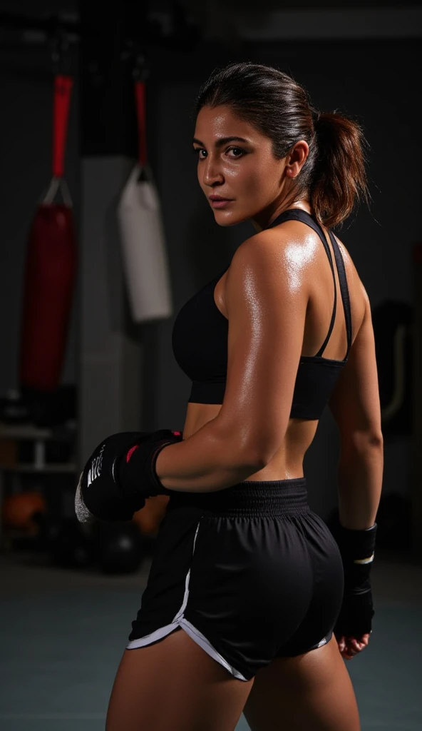 Busty thicc mature DeniseMilani, sexy attractive face, jet-black hair, green eyes, (black boxing shorts:1.3), (skimpy boxing shorts:1.3), thicc body, muscular legs, thick thighs, firm perfectly round butt, intimidating pose in a boxing ring, full body portrait,