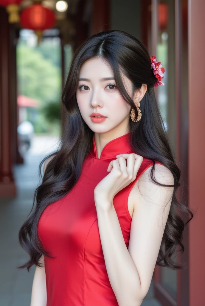 Best quality， Ultra-high resolution， Face Focus（truly：1.6），1 Girl, Beautiful Girl，，Chinese Girl, elegant girl，Classical girl，Black hair,Hairstyle，（Medium breasts:1.4), Hanfu，Wei and Jin Dynasty:1.1, Red clothes，Loose，panoramic，whole body，Rooftop（Depth of Field：16）,Hair forks，Hairpin，earrings，Rooftop,Red sunset,Ultra-thin face，Exquisite eyes，Double eyelids，Smile，whole body，Standing，Long legs，Elegant Movement，For the audience
