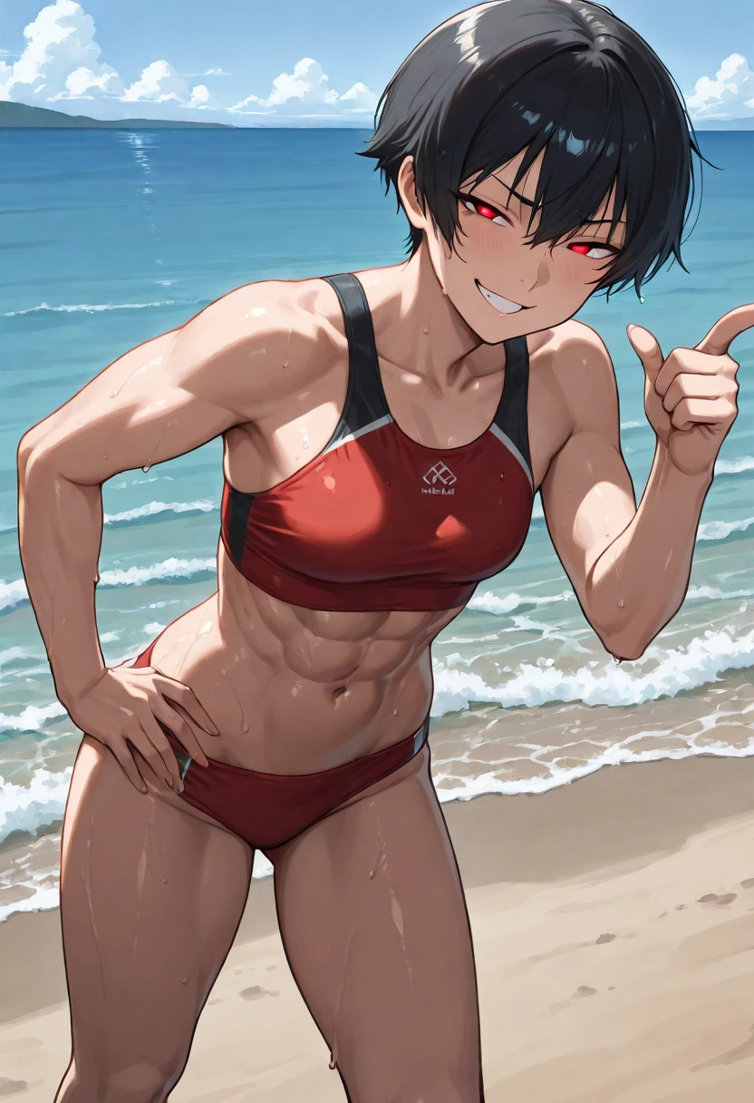 Muscular girl with big arms and beautiful short hair and marked abs, wide waist and defined big and muscular legs in a bikini with two arms