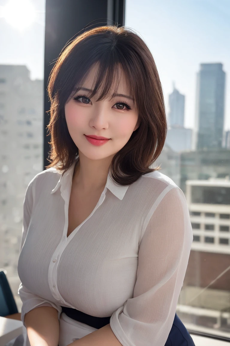 One Japanese woman, Detailed face, Red lipstick, Captivating look, From the chest up, highest quality, Very detailed, Perfect Anatomy, Wearing a suit, Short sleeve, Long Curly Hair, Age 33, mature, Sexy smile, Well-shaped D cup breasts, Hunchback, Cleavage, office, The night view can be seen from the window, , (Looking at the camera), (From below)