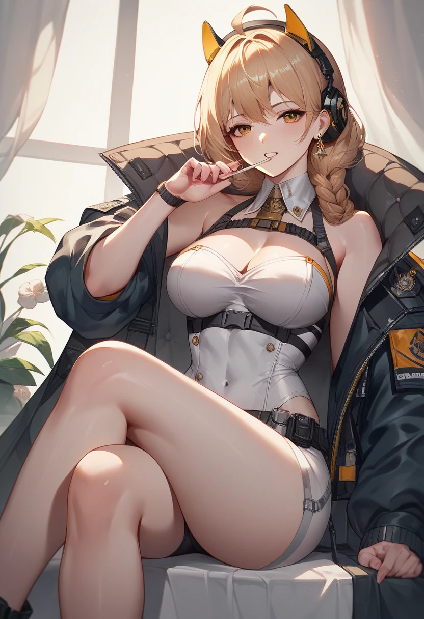 masterpiece, highest quality, High resolution, 1 girl, ticker, Ahoge, big breasts, race_Queen, white leotard, Jacket, embarrassing,closed mouth, field,