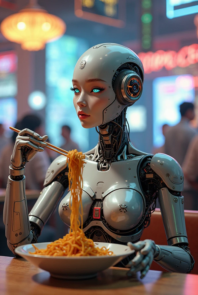 A cute android (giga busty, neon backlit eyes, clearly mechanical joints, apron and cap, ) is a fast food worker at 'Puny Humans', a fully automated fast food restaurant. Crowded with chubby Asians
