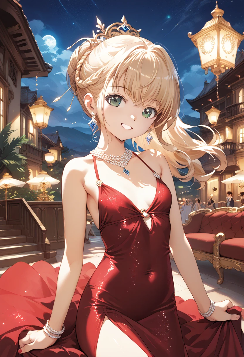 (masterpiece, top quality, very aesthetic, 4k、illustration), depth of field、intricate detail, 1woman,solo,contrapposto 、(gradient eyes、tareme)、Strong glowing eyes、asymmetrical bangs,Fair skin,(upper body)、beautiful women、Cleavage、clear face、(red lipstick),beautiful face、(gradient hair)、(blonde hair)、low ponytail、sidelock ,,green eyes、Evening Dresses、medium breasts、slender 、