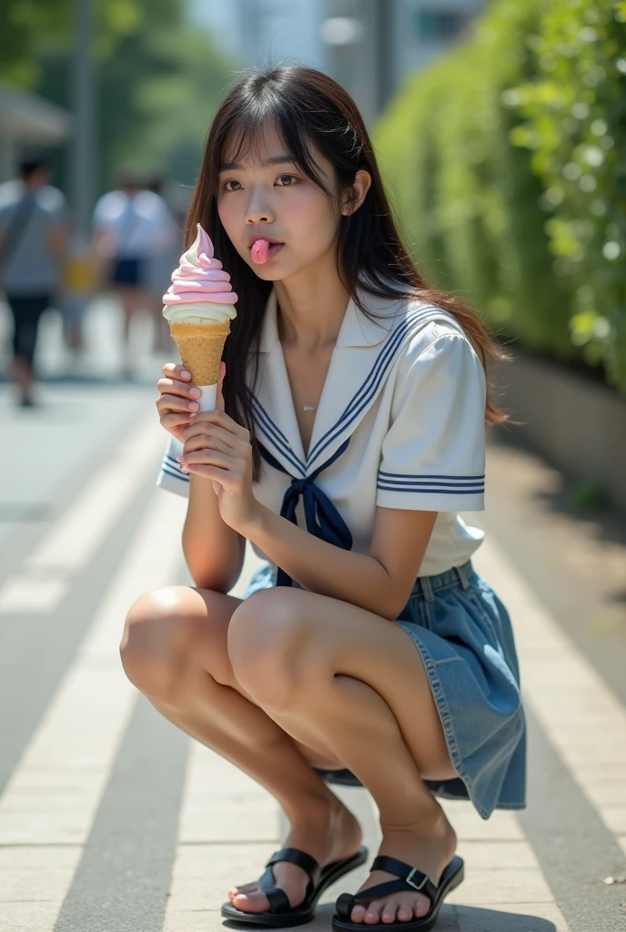 Pubic hair grows、Smile full of happiness、((Looks happy:1.3))、Pink Panties、、Panting face、Lacking、After being attacked、school girl outfit(Plaid miniskirt)、a sailor suit、Sweating、Expression in a state of excitement、short-hair、eye glass、((Licking soft-serve ice cream:1.3))、((pulling panties down:1.3))