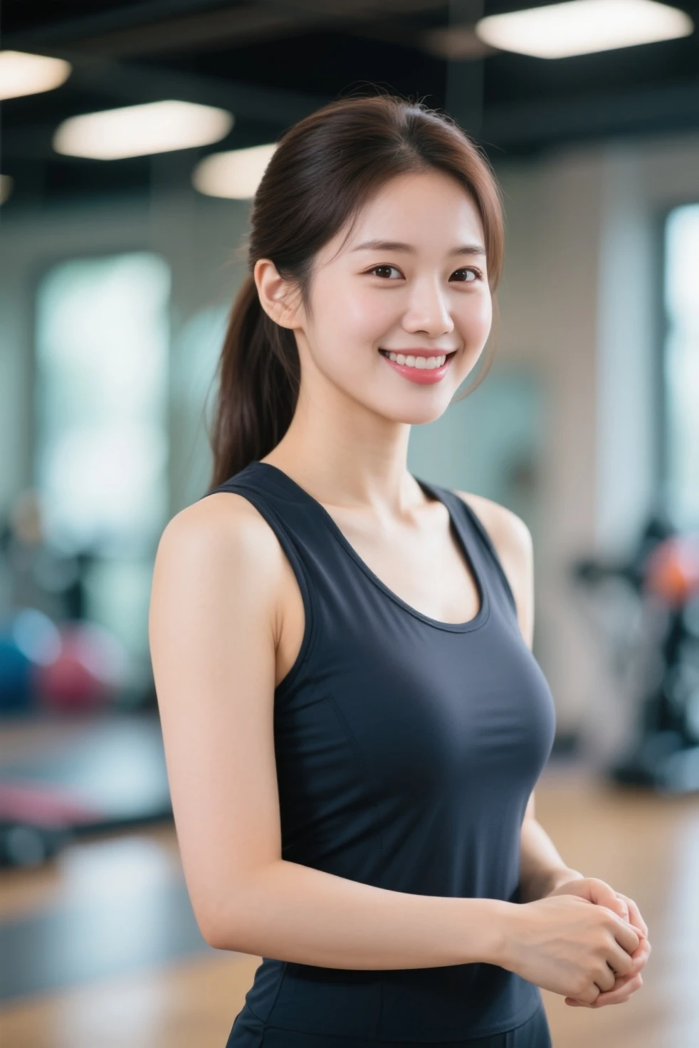 Tabletop, highest quality, figure, Very detailed, In detail, High resolution, 8k wallpaper, Perfect dynamic composition, Beautiful fine details, Medium length hair in a ponytail,Nice  under the shirt:2.0、Natural color lip, Bold sexy pose,smile,20-year-old girl、cute、sexy shot looking at camera、Tight long sleeves Long sleeves Long sleeves Yoga wear、From the knee upのショット、The whole body is visible、((At the gym:2.0、huge 、From the knee up、Backward view、Hip line、Big eyes、Long eyelashes))、Power Rack