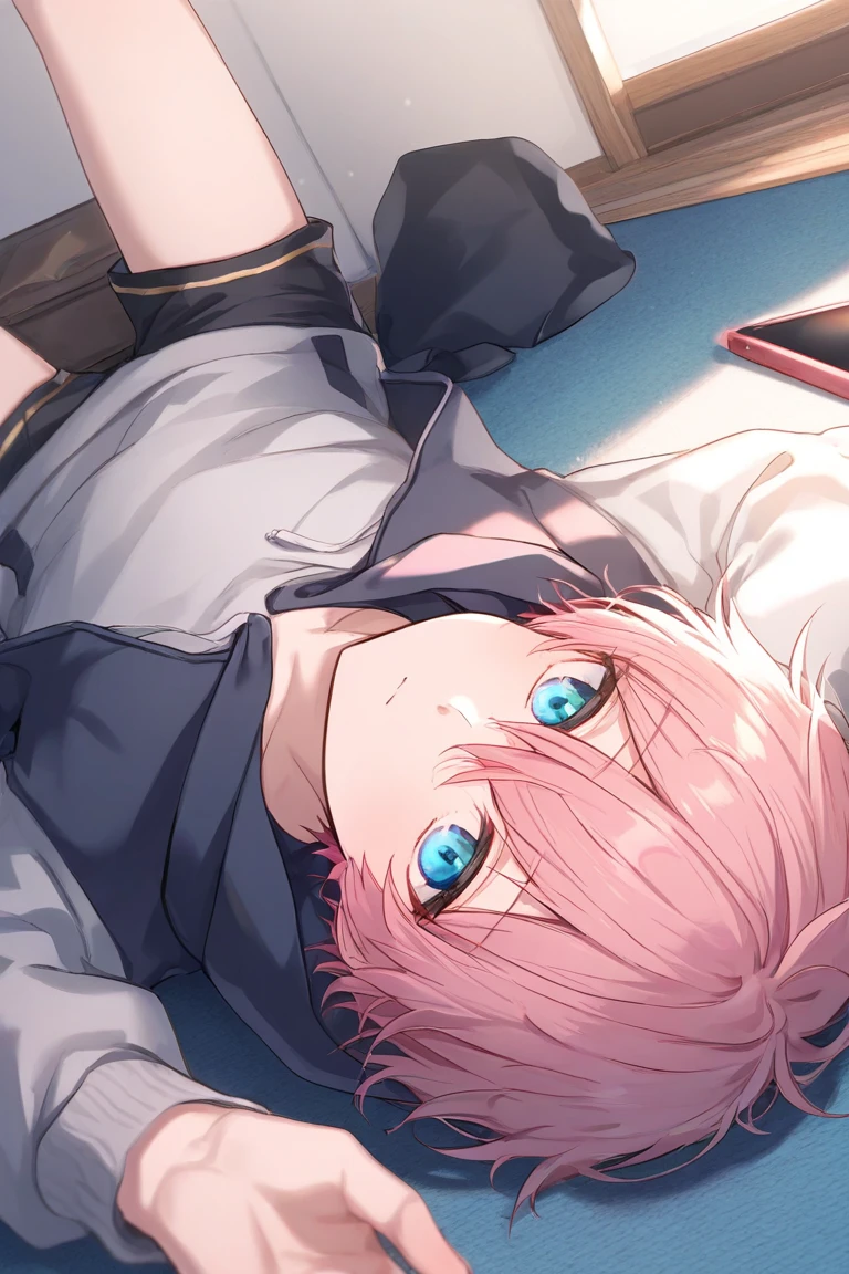 1boy, ice pink hair, bowl cut, wide blue eyes, black turtle neck, thigh highs, smug, 8K, masterpiece, bedroom, big thighs, slim upper body, smug, best quality, laying down on stomach, lewd , Big erected appears , ass appears