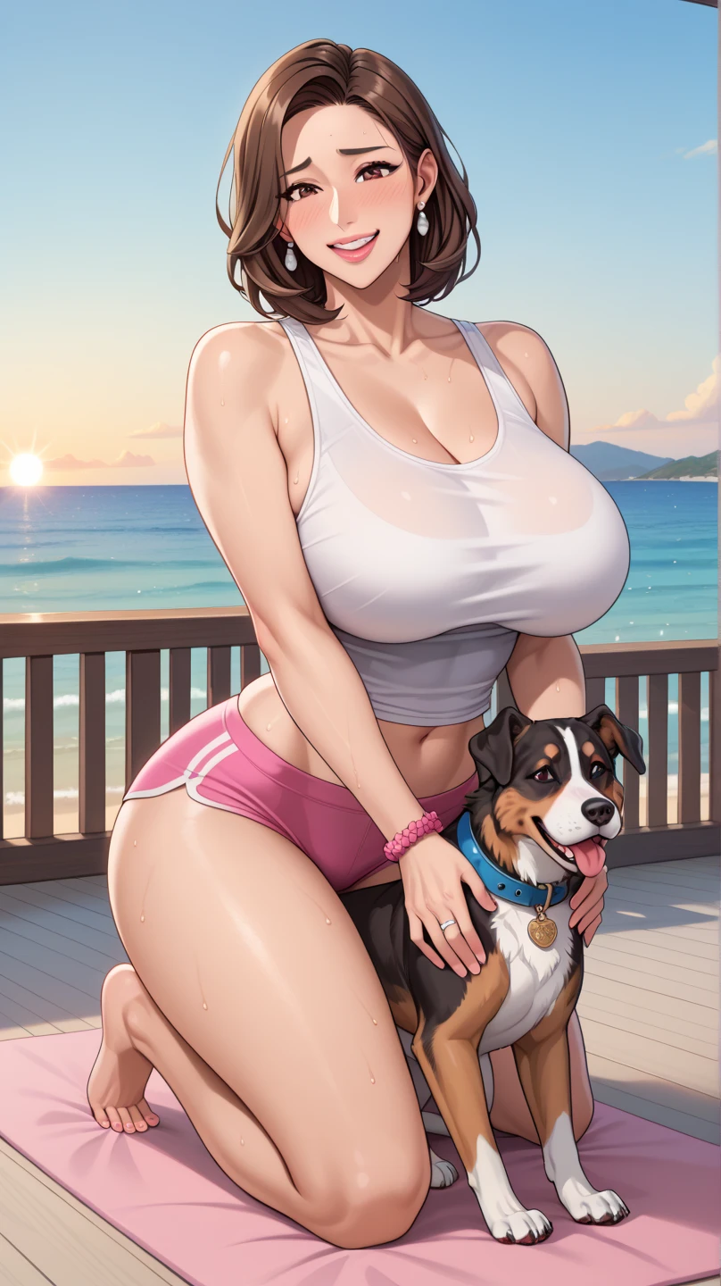 (masterpiece), (best quality), 1girl, (perfect face:1.2), (beautiful face:1.2), platinum blonde hair, happy, light smile, looking at viewer, pose,
Best Picture, Masterpiece, 4K, High Quality, One cool, mature woman.
((A woman is on all fours in a grassy meadow. A large dog is holding her back, and the dog's lower body is hitting the woman's lower body.)) Silk underwear. A complete body. Perfect hands and legs. Beautiful body, beautiful legs. Beautiful hands. Perfect body, perfect legs. Perfect hands. Cowboy shot
Woman's sweaty, wet, scantily clad, visible breasts and erect nipples. Sweat is soaking through.
The woman's cheeks are flushed and she looks embarrassed.
One cool adult woman and one big dog. Tank top, hot pants.
side view
(Heck of a short skirt).
(A very short skirt).