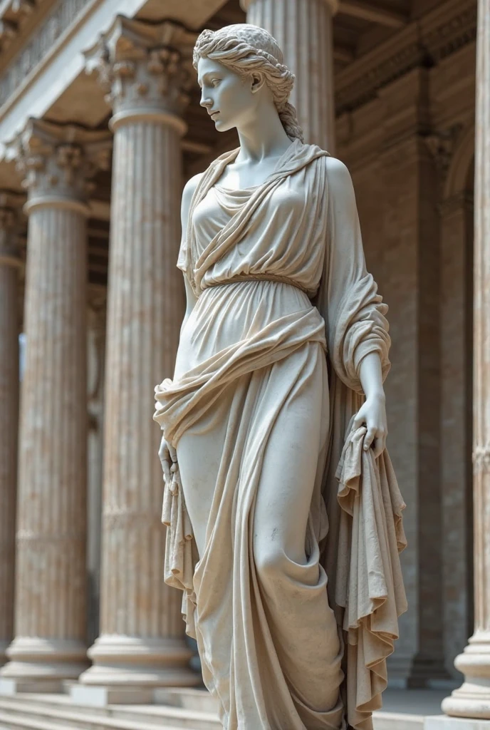 photorealistic of Athena Goddess statue(Greco-Roman statue:1.)ancient Greek style, leaning back in the throne, iconic leaning stance(sand statue:1.0), best quality, glowing surfaces, blurry edges, stunning movement tansition background UHD, super detailed{BREAK} 1girl, little cute, standing before the statue.