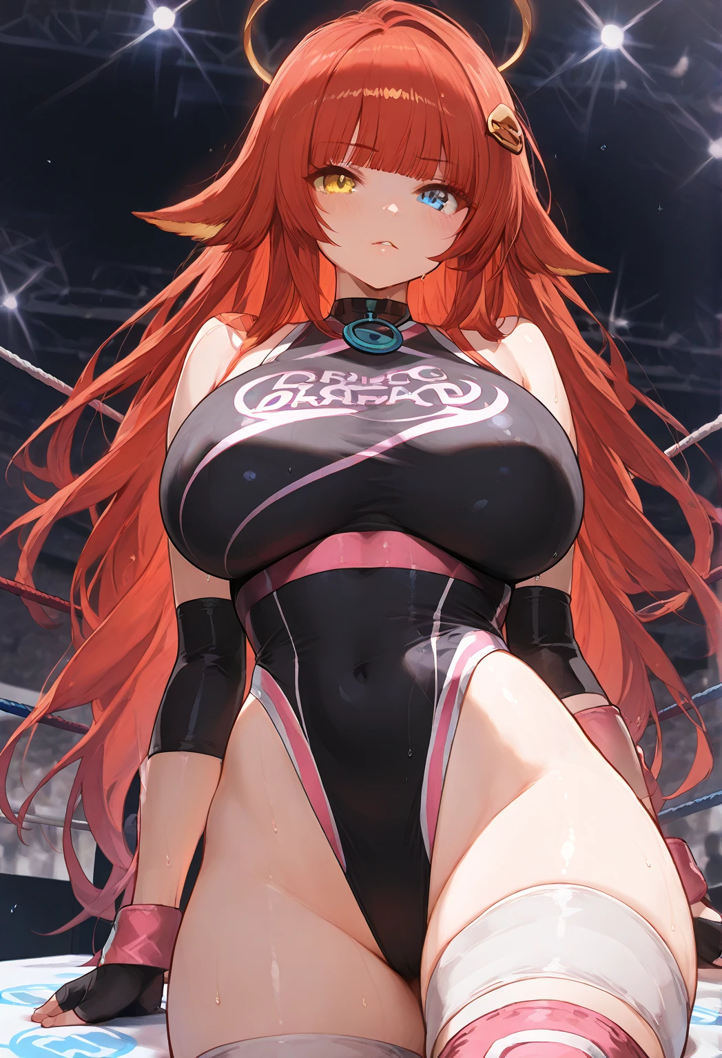 Ultra-high resolution, Cowboy Shot, 18 years old, (Idols:1.4), (Famous actresses :1.4), (Beautiful detailed face:1), ((Best Quality)), 1:1, 18 I, Cinematic Light, ,Mood lighting, (((Perfect Anatomy:1.10))), (Finely detailed face:1.2), (Representative works:1.5), (Best Quality:1.2), Looking at Another, Lipstick, V-shaped eyebrows, V Line Jaw, ((Prevents clothing from digging into the skin)), Sexually suggestive faces, (The background is blurred), Glossy texture, Strong winds:1.3, ((Long hair blown by the wind:1.4)), (Blue eyes:1), (Perfect Face:1.4), (Beautiful detailed eyes), ((Shiny skin:1.2)), (Extremely smooth expressed skin), (Sweaty skin:1.3), White Skin, Slender, Narrow nose, (Narrow waist:1), (Almond Eyes:1), (Sharp eyes and a mysterious smile:1.2), (Large bust:1.3), There is cleavage in the chest, Bangs,Head tilt, Light makeup, Small Ass, (((Wrestling match venue))), (((Inside the professional wrestling ring))), ((Sexy Sparkly Costumes:1.3)), ((Sexy design white swimsuit:1.3), (( A sexy costume with a complex design of red lines on a white background:1.3)), (Patent leather long wrestling boots), Thimble Skin Gloves, (Raise one arm), Dynamic Action,