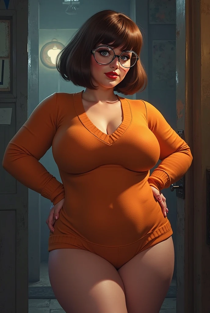 (((waist up))), (((perfect body))), (((voluptuous))), (((hot))), thick thighs, Velma Dace Dinkley teenager (from the Scooby-Doo series), posing for self with a ghost behind her, arm stretched out for freight as if she were holding a cell phone, comedic scene, perfect body, gorgeous and intelligent face, front view, mini skirt, glasses, big breasts, hot, short brown hair, orange turtleneck blouse, red skirt, waist up