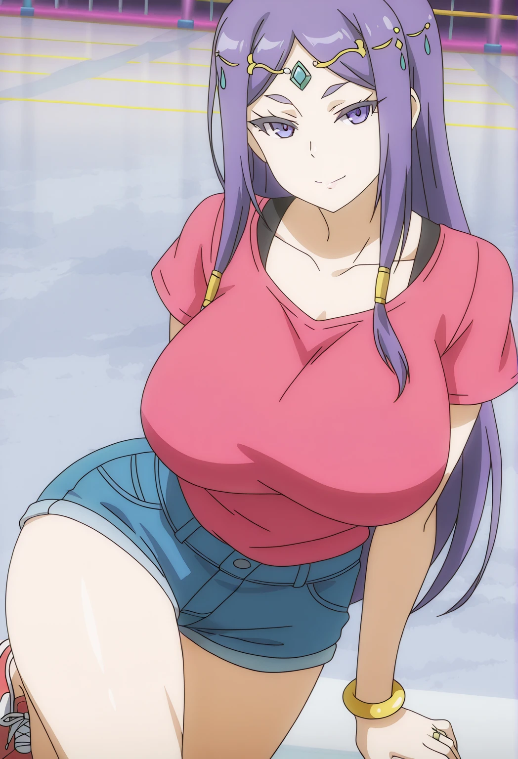 (kneeling on sand), pink t-shirt, black skirt, night playground housing area, Nijou Aki, 27 yo, mature women, anime cels style, best quality, high resolution, (gigantic breasts:1.3), cowboy shot, blush, smiling, (purple eyes), blue hair