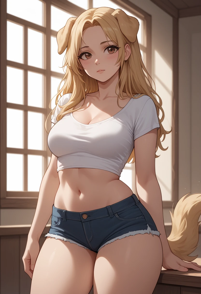 (masterpiece), ((best quality)), (super detailed), (beautiful eyes beautiful details eyes, Clean and delicate face), (whole body, standing), solo, blonde pony tail, slick back, smile, white dress shirt over naked, abs, medium breasts, (blushes 1.5), blushes a lot, steam, sweating, orgasm, wolf tail, wolf fangs, fur, furry body, anthro wolf girl, white underwear, open shirt, navel, thigh, clavicle, thighhigh, simple background