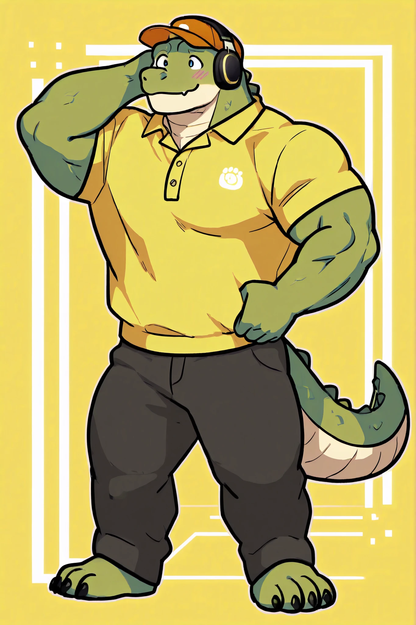 Scalie, Anthro crocodile, adult male crocodile, wearing yellow polo shirt, casual pose, dominant, soft smile, solo, bulky build, chubby, hard small penis, small veiny penis,long foreskin, laying in bed, (from below:1.1)
