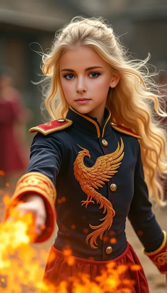girl CHILD 10 years old, blonde straight hair very long, PORTRAIT STYLE, CLOSE UP, a fireball in hand, evil steampunk pyromancer woman, casting fire spell, she has fire powers, steampunk chandra fire queen, fire hair, sorceress casting a fireball, flame conjuration, casting a fire spell, fire spell, fire goddess, fire goddess, flaming hair, fire breath