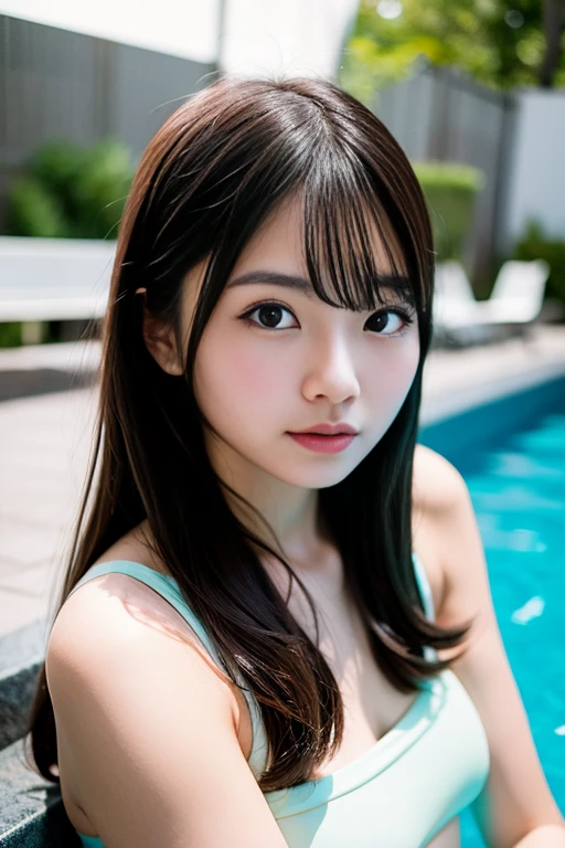 lens: 135mm f1.8,(Highest quality), (Cute and beautiful 14 year old Japanese girl), (Moisturized lips), Narrow eyes, double eyelid,Delicate clavicle,Flat Chest,Shortcuts, shame, A faint smile,(Professional Lighting:1.2), (Completely naked), (Sunburned skin:0.2),Full body photo、Full Body Focus、Stand upright、Showing from the knees up、sit、Anatomically correct、Top-down angle、Pool、Hugging a middle-aged man、On all fours、Push up your hips