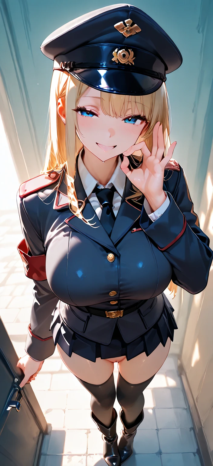 (((Skin exposed from disheveled uniform)))、((((make sexual advances))))、Nipples protruding from the bra、panties on、((((feel shy))))、((a blond))、beautiful Girl、Large beautiful breasts、cleavage of the breast、A slender、オマンコ、(((((Seduction while being shy)))))、(((s Office)))、((smil))